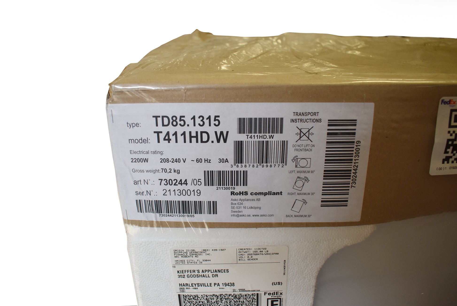 Asko T411HSW 24" White Front Load Electric Dryer