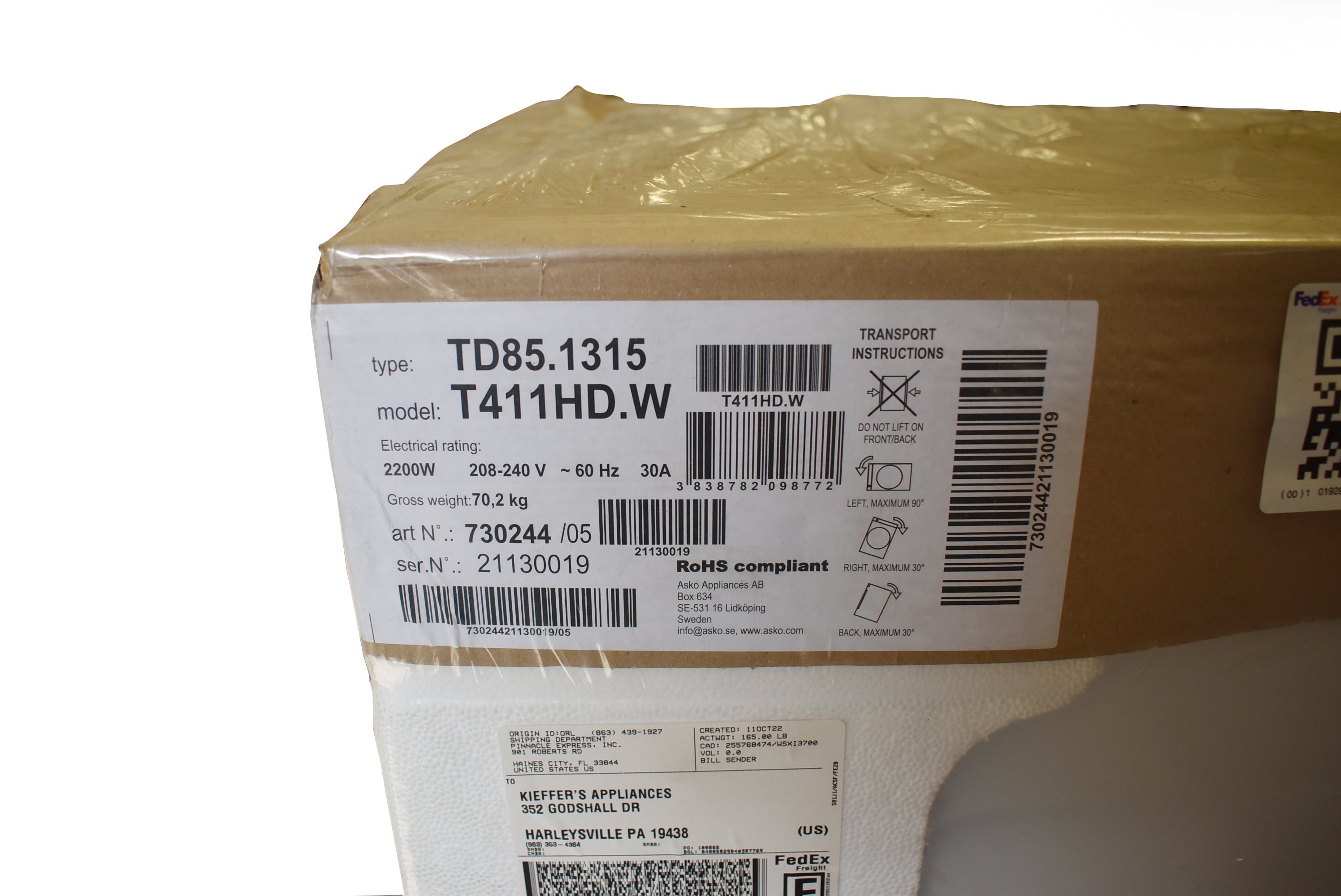 Asko T411HSW 24" White Front Load Electric Dryer