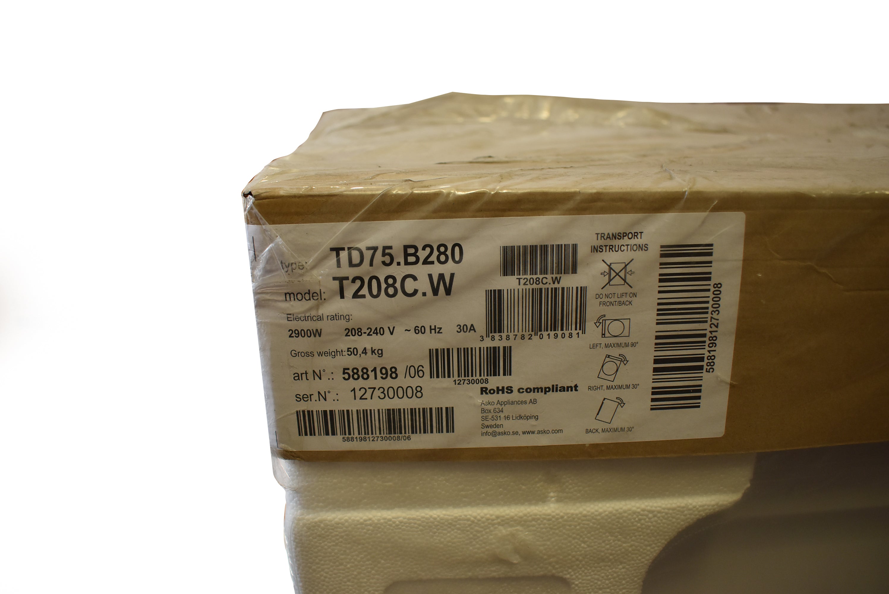 Asko T208CW 24" White Front Load Electric Dryer