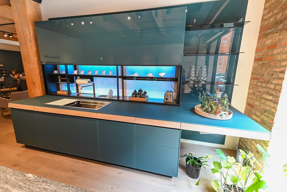 Valcucine Green Tea Glass Modern Showroom Kitchen with Island and Luxury Appliances