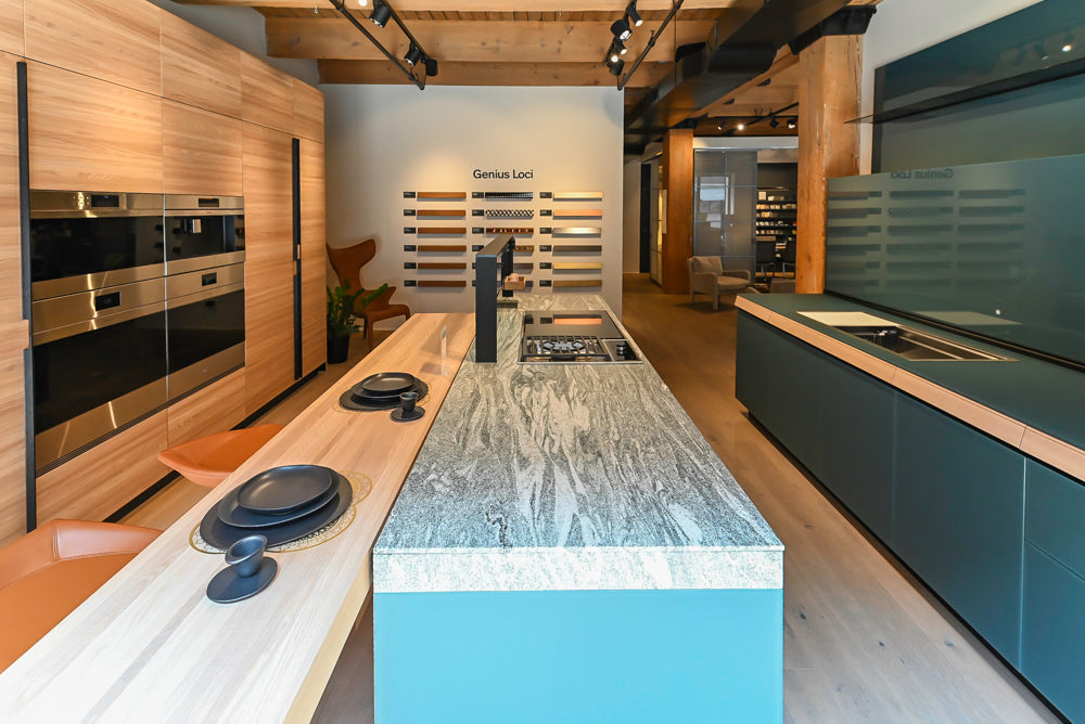 Valcucine Green Tea Glass Modern Showroom Kitchen with Island and Luxury Appliances