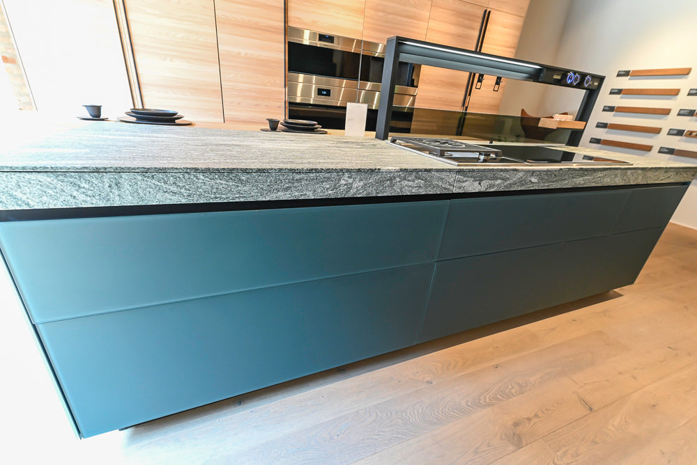 Valcucine Venture: Green Tea Glass Modern Kitchen with Island & Luxe Appliances