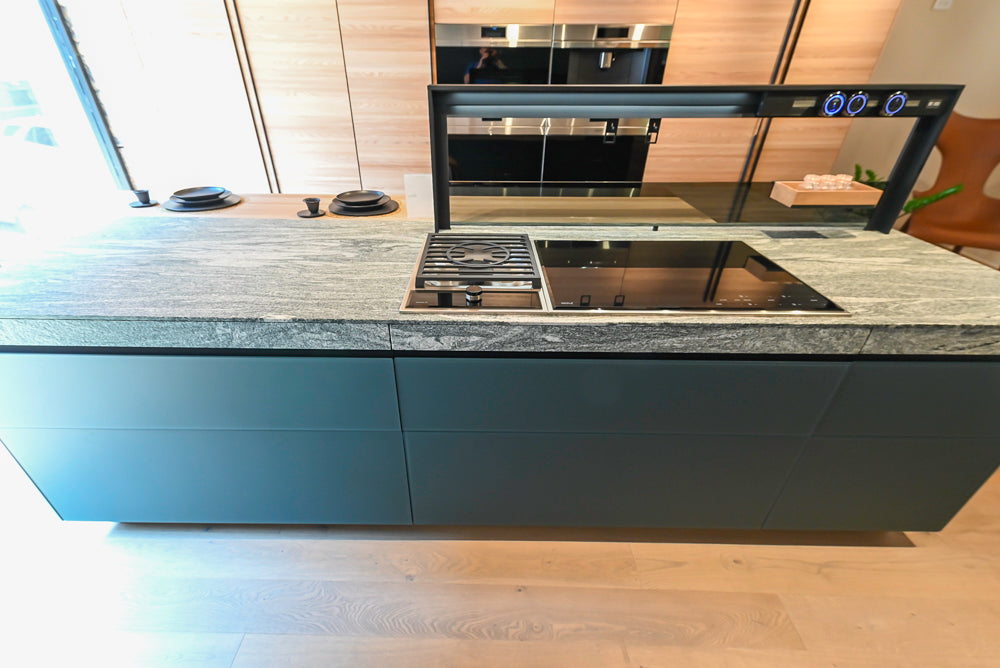 Valcucine Venture: Green Tea Glass Modern Kitchen with Island & Luxe Appliances