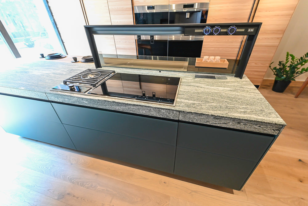 Valcucine Venture: Green Tea Glass Modern Kitchen with Island & Luxe Appliances