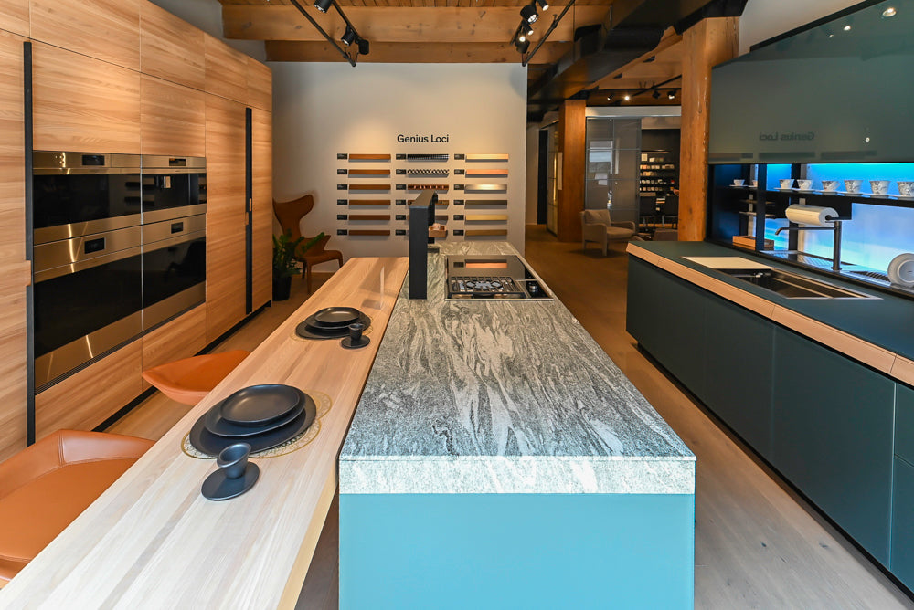 Valcucine Green Tea Glass Modern Showroom Kitchen with Island and Luxury Appliances