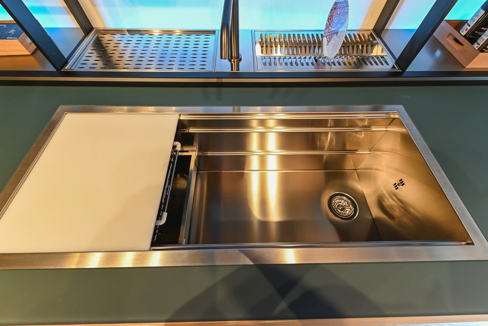 Valcucine Venture: Green Tea Glass Modern Kitchen with Island & Luxe Appliances