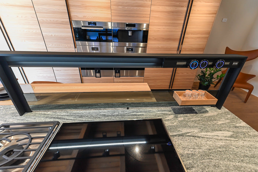 Valcucine Venture: Green Tea Glass Modern Kitchen with Island & Luxe Appliances