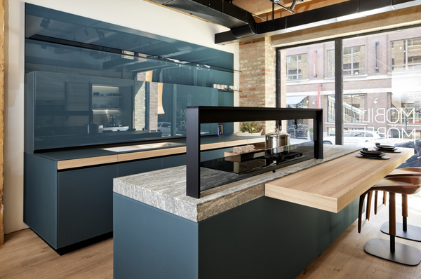 Valcucine Green Tea Glass Modern Showroom Kitchen with Island and Luxury Appliances
