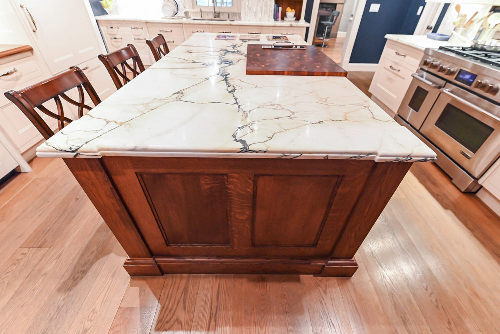 Christopher Peacock Refectory White Kitchen with Wooden Island, Marble Countertops and JennAir Appliances