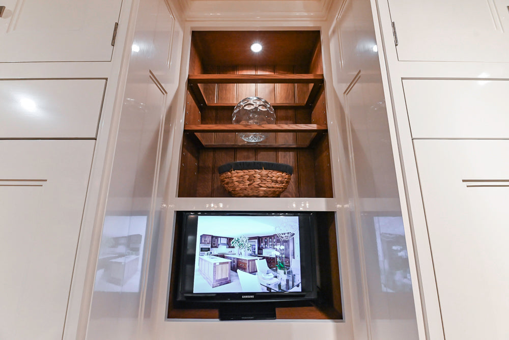 Christopher Peacock Refectory White Kitchen with Wooden Island, Marble Countertops and JennAir Appliances