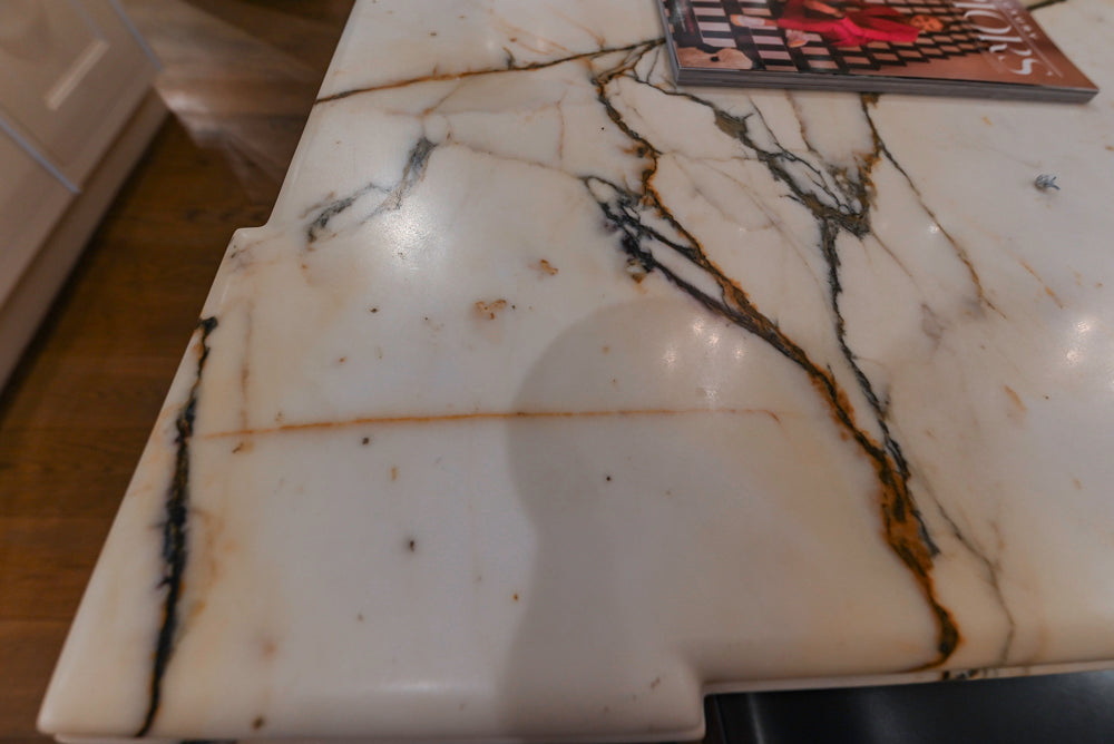 Christopher Peacock Refectory White Kitchen with Wooden Island, Marble Countertops and JennAir Appliances