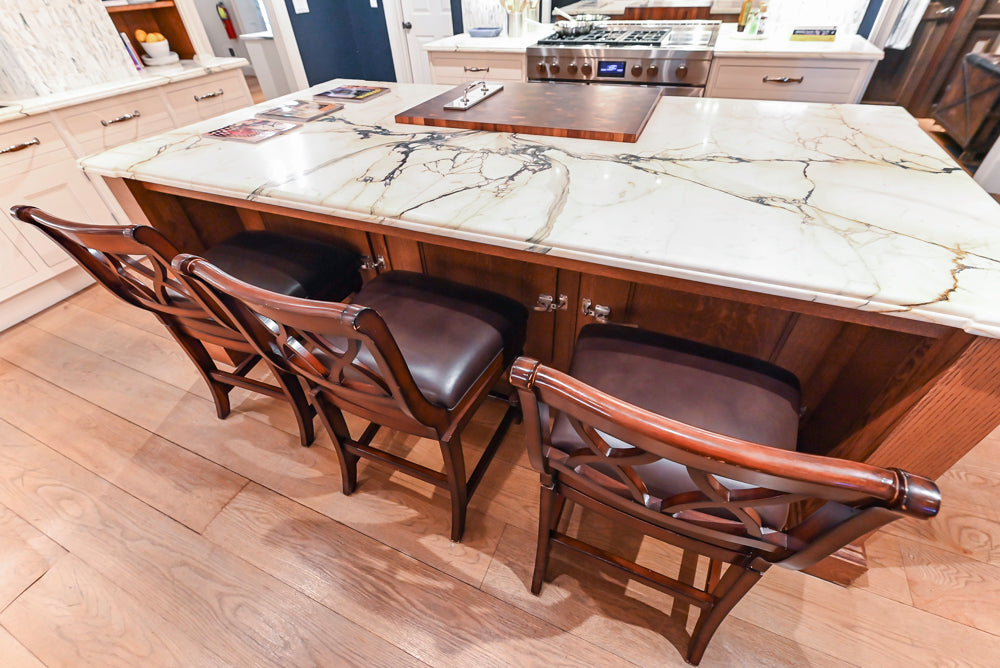 Christopher Peacock Refectory White Kitchen with Wooden Island, Marble Countertops and JennAir Appliances