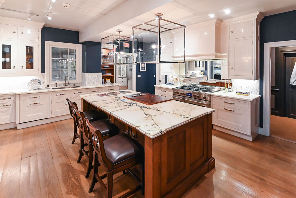 Christopher Peacock Refectory White Kitchen with Wooden Island, Marble Countertops and JennAir Appliances
