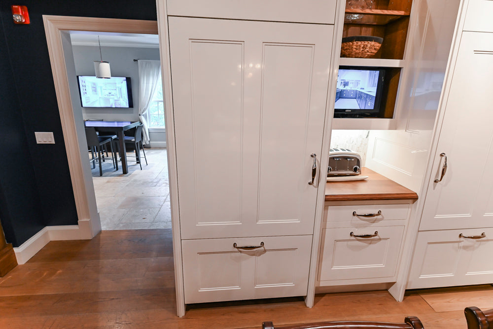 Christopher Peacock Refectory White Kitchen with Wooden Island, Marble Countertops and JennAir Appliances
