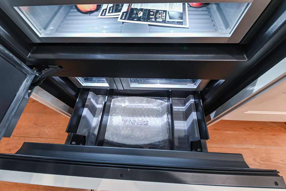 Christopher Peacock Refectory White Kitchen with Wooden Island, Marble Countertops and JennAir Appliances