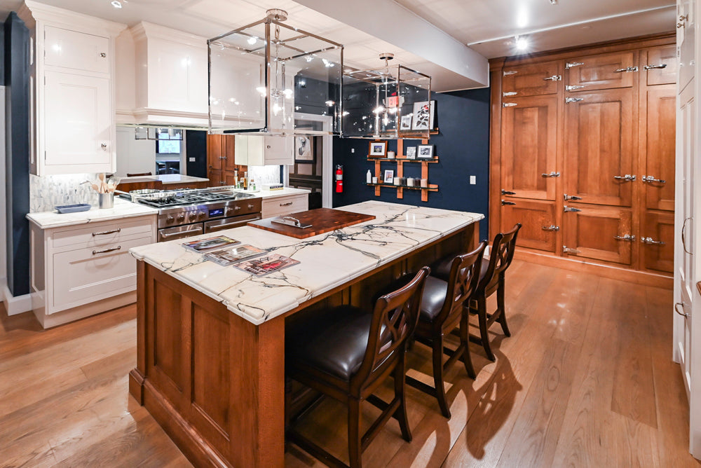 Christopher Peacock Refectory White Kitchen with Wooden Island, Marble Countertops and JennAir Appliances