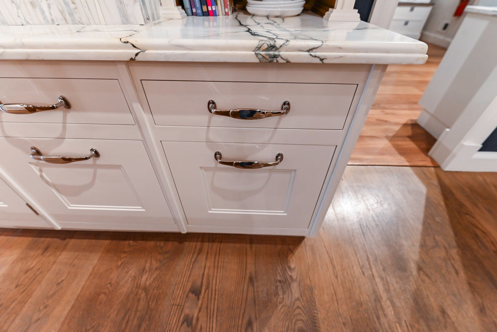 Christopher Peacock Refectory White Kitchen with Wooden Island, Marble Countertops and JennAir Appliances