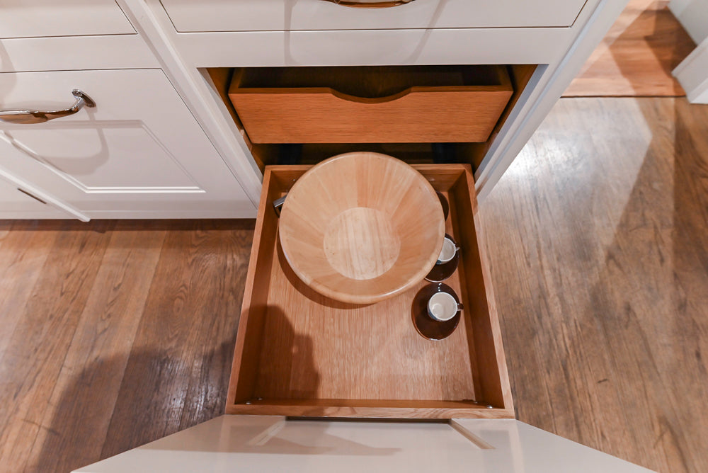 Christopher Peacock Refectory White Kitchen with Wooden Island, Marble Countertops and JennAir Appliances