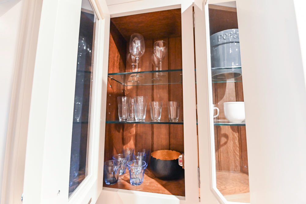 Christopher Peacock Refectory White Kitchen with Wooden Island, Marble Countertops and JennAir Appliances