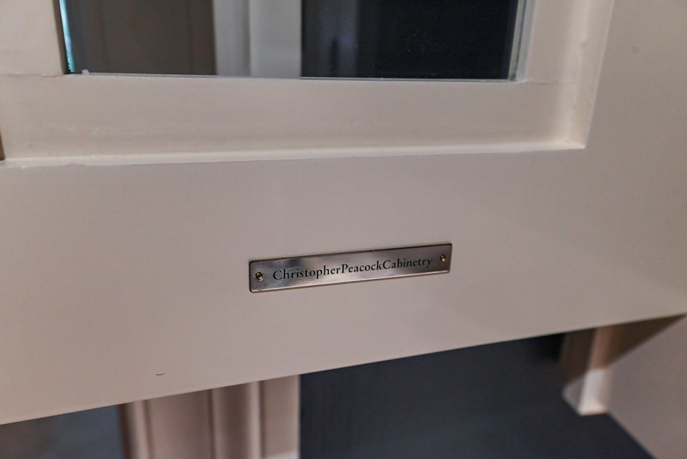 Christopher Peacock Refectory White Kitchen with Wooden Island, Marble Countertops and JennAir Appliances