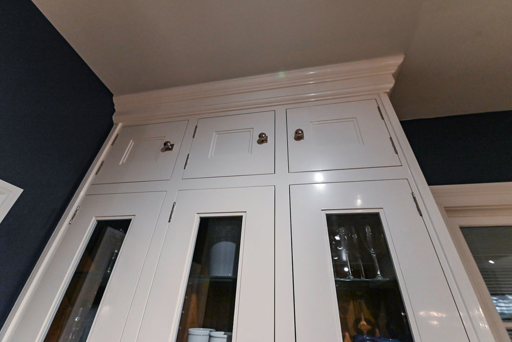 Christopher Peacock Refectory White Kitchen with Wooden Island, Marble Countertops and JennAir Appliances