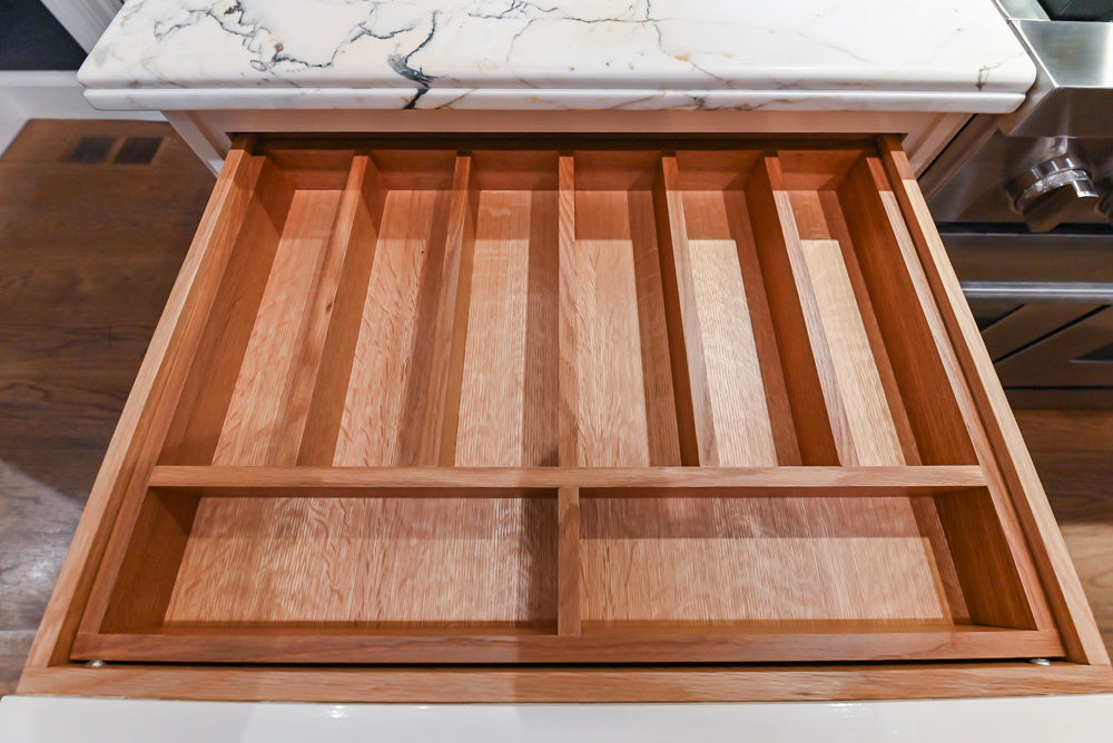 Christopher Peacock Refectory White Kitchen with Wooden Island, Marble Countertops and JennAir Appliances