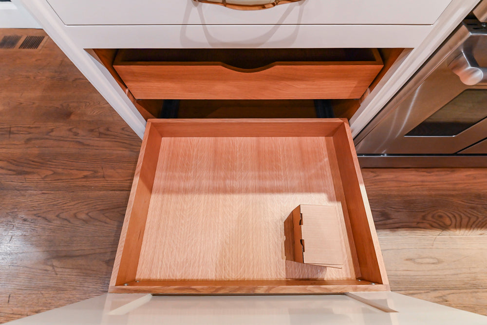 Christopher Peacock Refectory White Kitchen with Wooden Island, Marble Countertops and JennAir Appliances