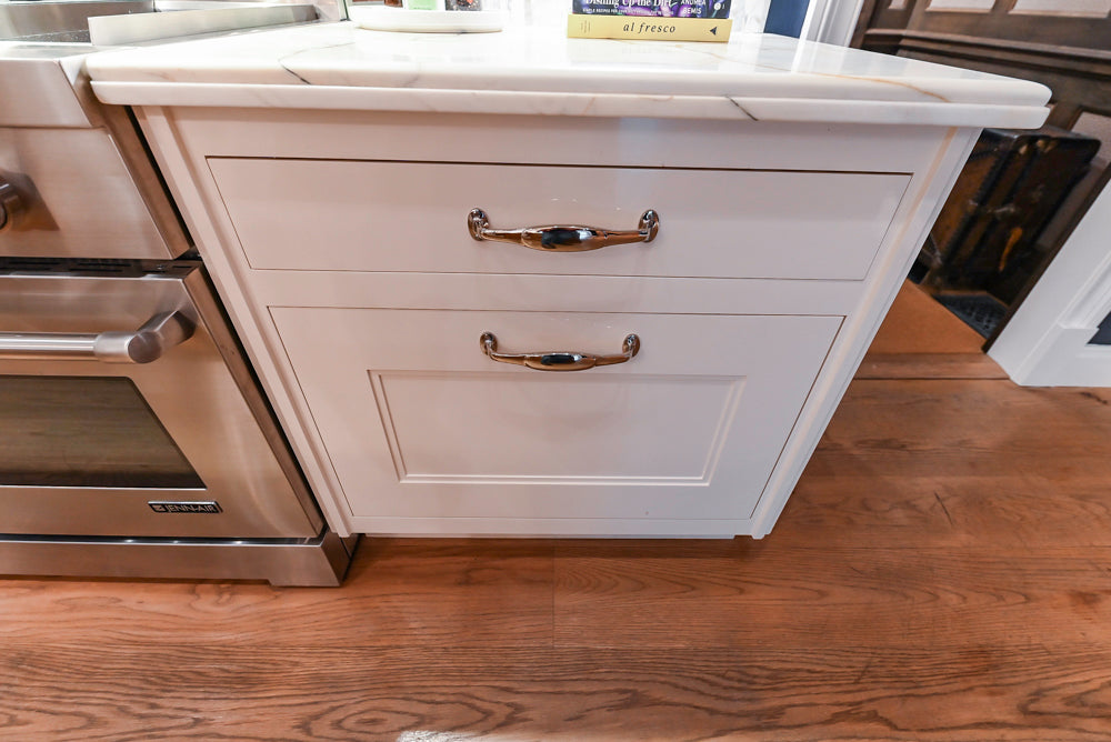 Christopher Peacock Refectory White Kitchen with Wooden Island, Marble Countertops and JennAir Appliances