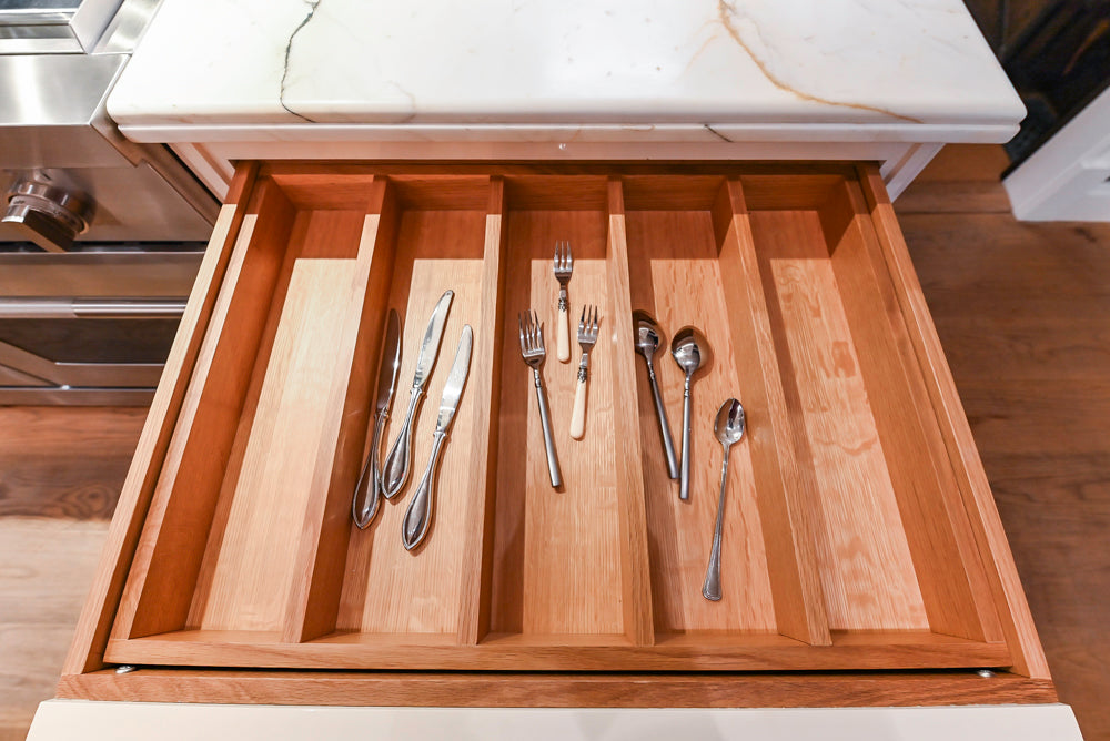 Christopher Peacock Refectory White Kitchen with Wooden Island, Marble Countertops and JennAir Appliances