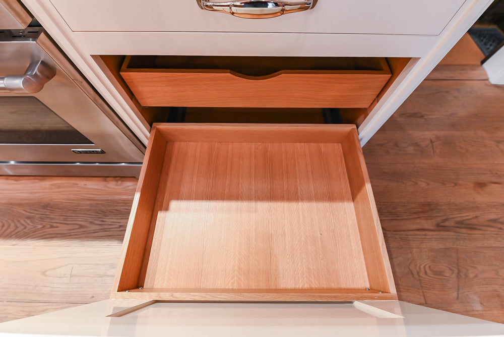 Christopher Peacock Refectory White Kitchen with Wooden Island, Marble Countertops and JennAir Appliances