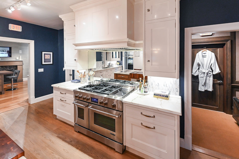 Christopher Peacock Refectory White Kitchen with Wooden Island, Marble Countertops and JennAir Appliances