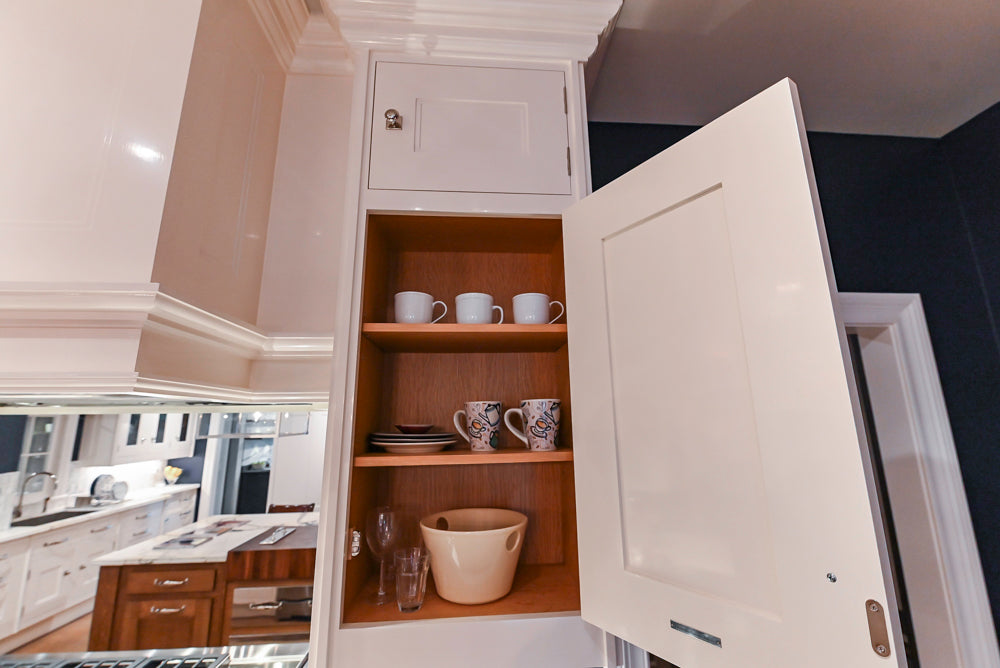 Christopher Peacock Refectory White Kitchen with Wooden Island, Marble Countertops and JennAir Appliances
