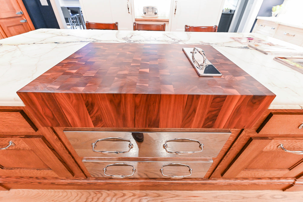 Christopher Peacock Refectory White Kitchen with Wooden Island, Marble Countertops and JennAir Appliances