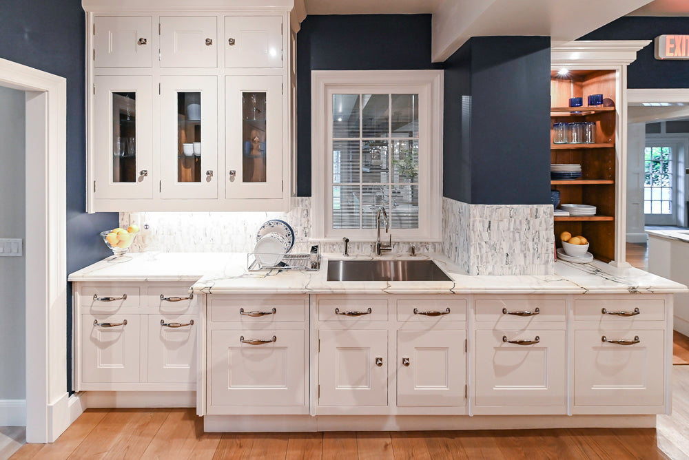 Christopher Peacock Refectory White Kitchen with Wooden Island, Marble Countertops and JennAir Appliances
