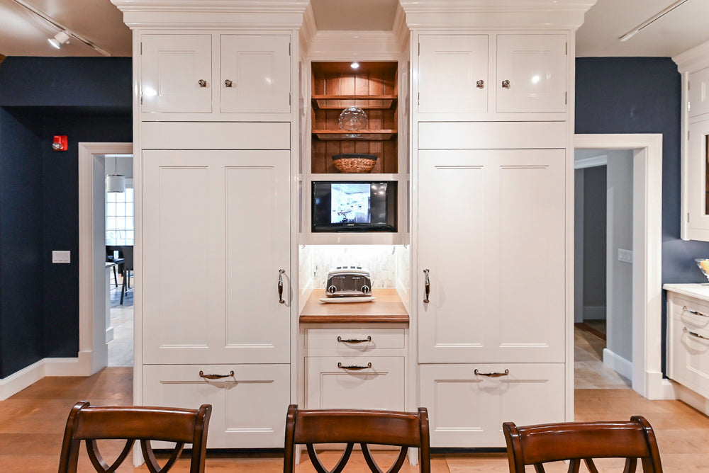 Christopher Peacock Refectory White Kitchen with Wooden Island, Marble Countertops and JennAir Appliances