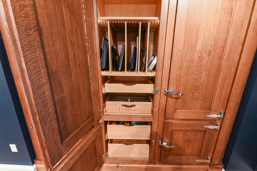 Christopher Peacock Refectory White Kitchen with Wooden Island, Marble Countertops and JennAir Appliances