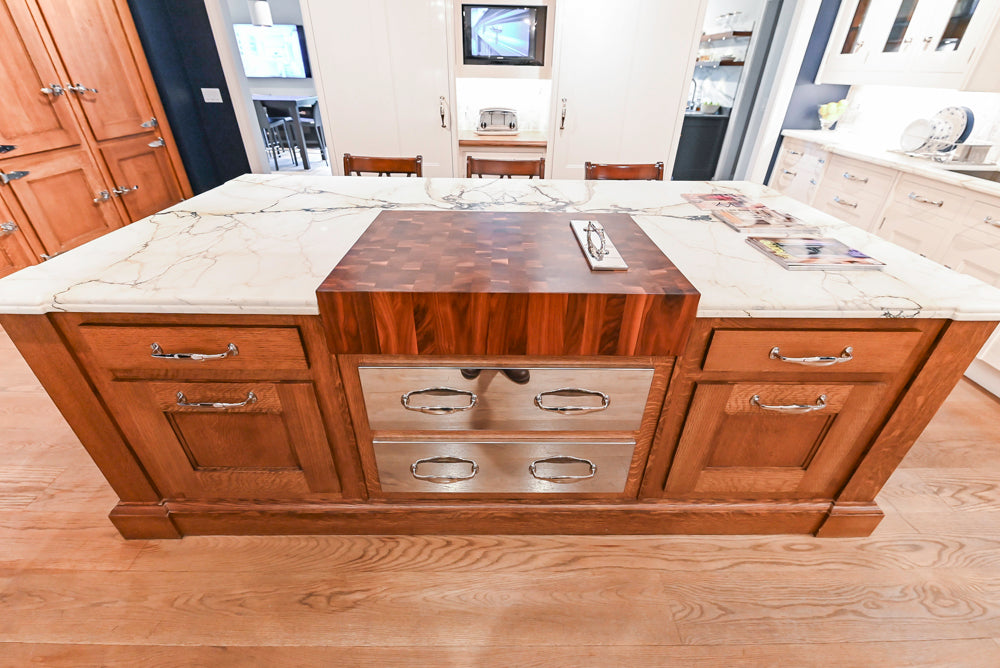 Christopher Peacock Refectory White Kitchen with Wooden Island, Marble Countertops and JennAir Appliances