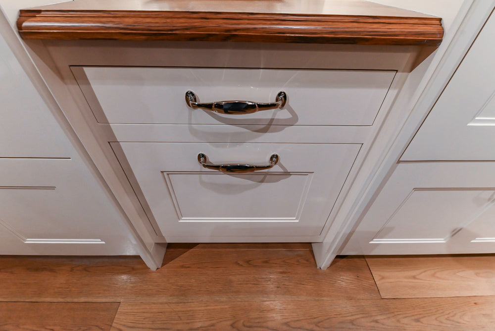 Christopher Peacock Refectory White Kitchen with Wooden Island, Marble Countertops and JennAir Appliances