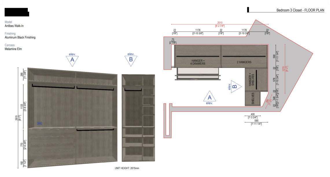 Boffi Antibes Walk-In Bedroom Closet with Melamine Elm Doors