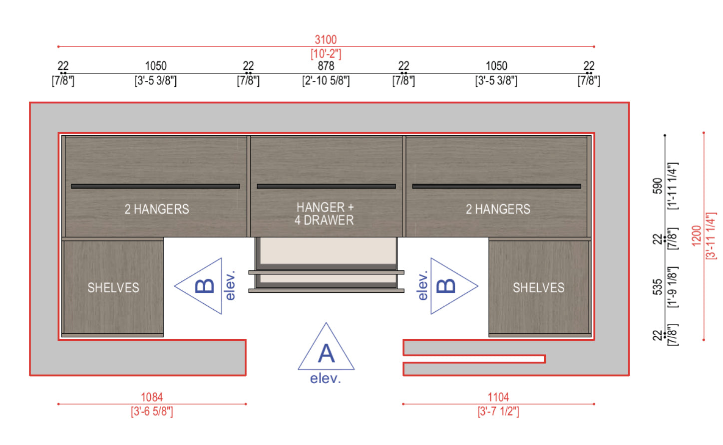 Boffi Antibes Walk-In Bedroom Closet with Melamine Elm Doors