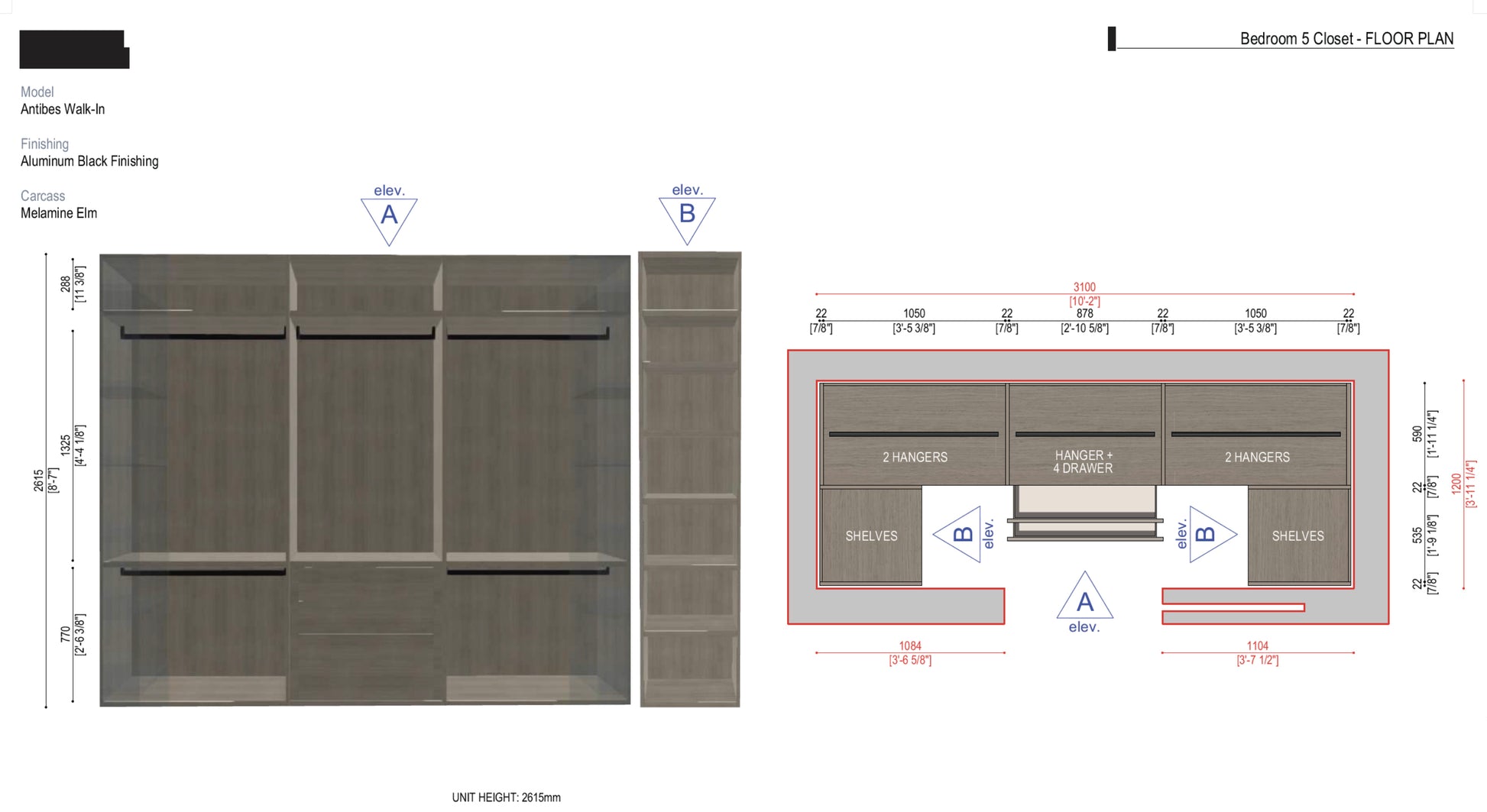 Boffi Antibes Walk-In Bedroom Closet with Melamine Elm Doors