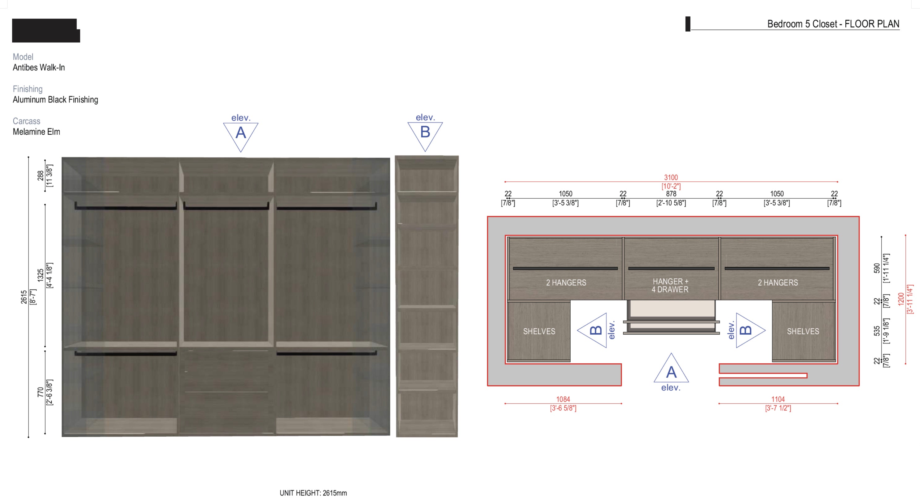 Boffi Antibes Walk-In Bedroom Closet with Melamine Elm Doors