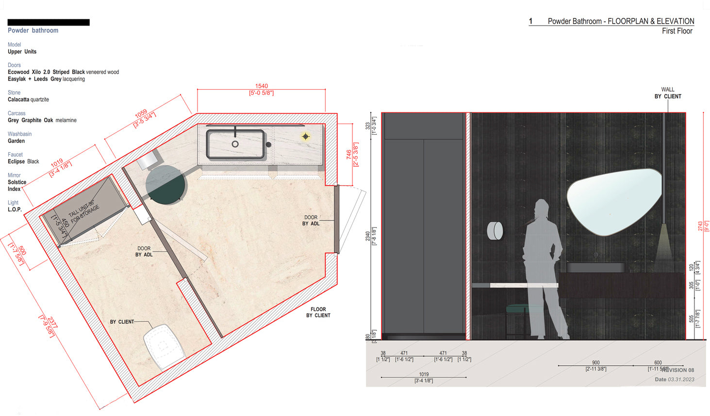 Boffi Upper Units Powder Bathroom with Calacatta Stone and Ecowood Xilo 2.0 Striped Black Finish