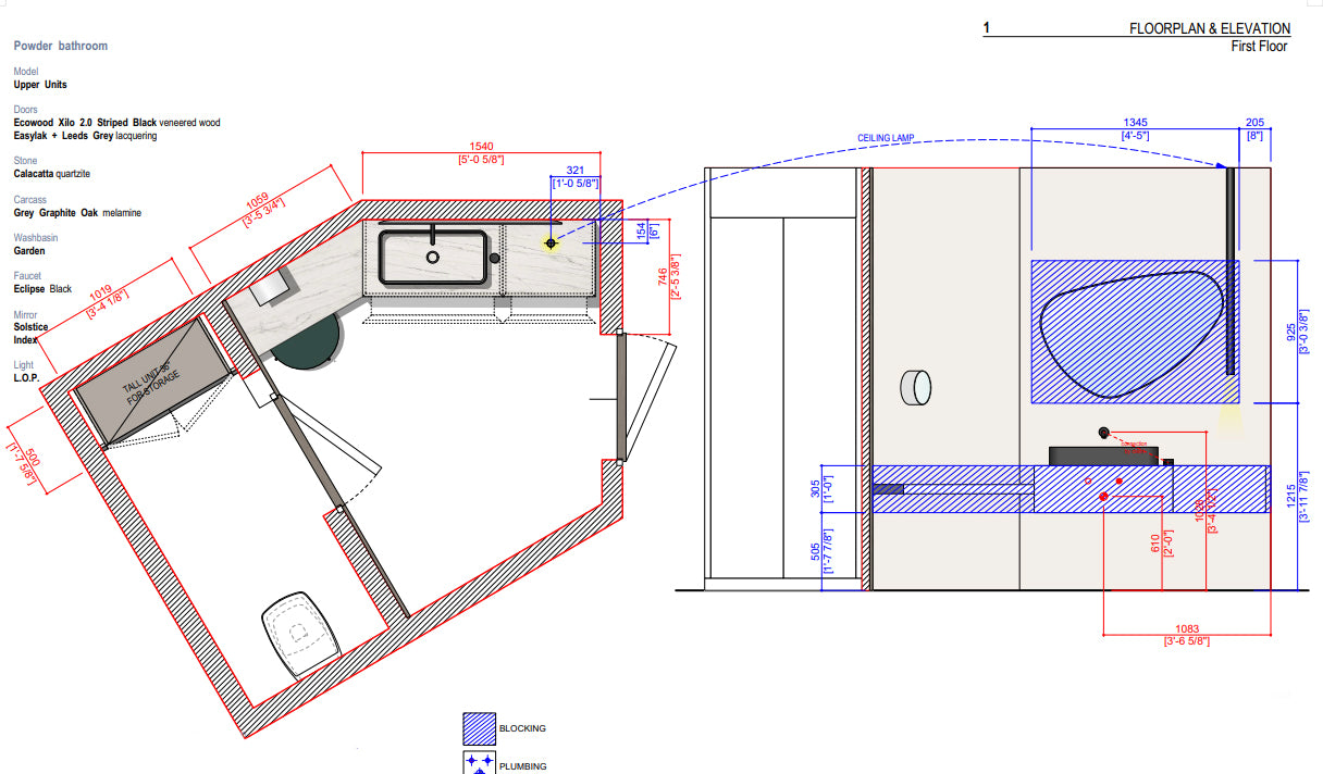 Boffi Upper Units Powder Bathroom with Calacatta Stone and Ecowood Xilo 2.0 Striped Black Finish