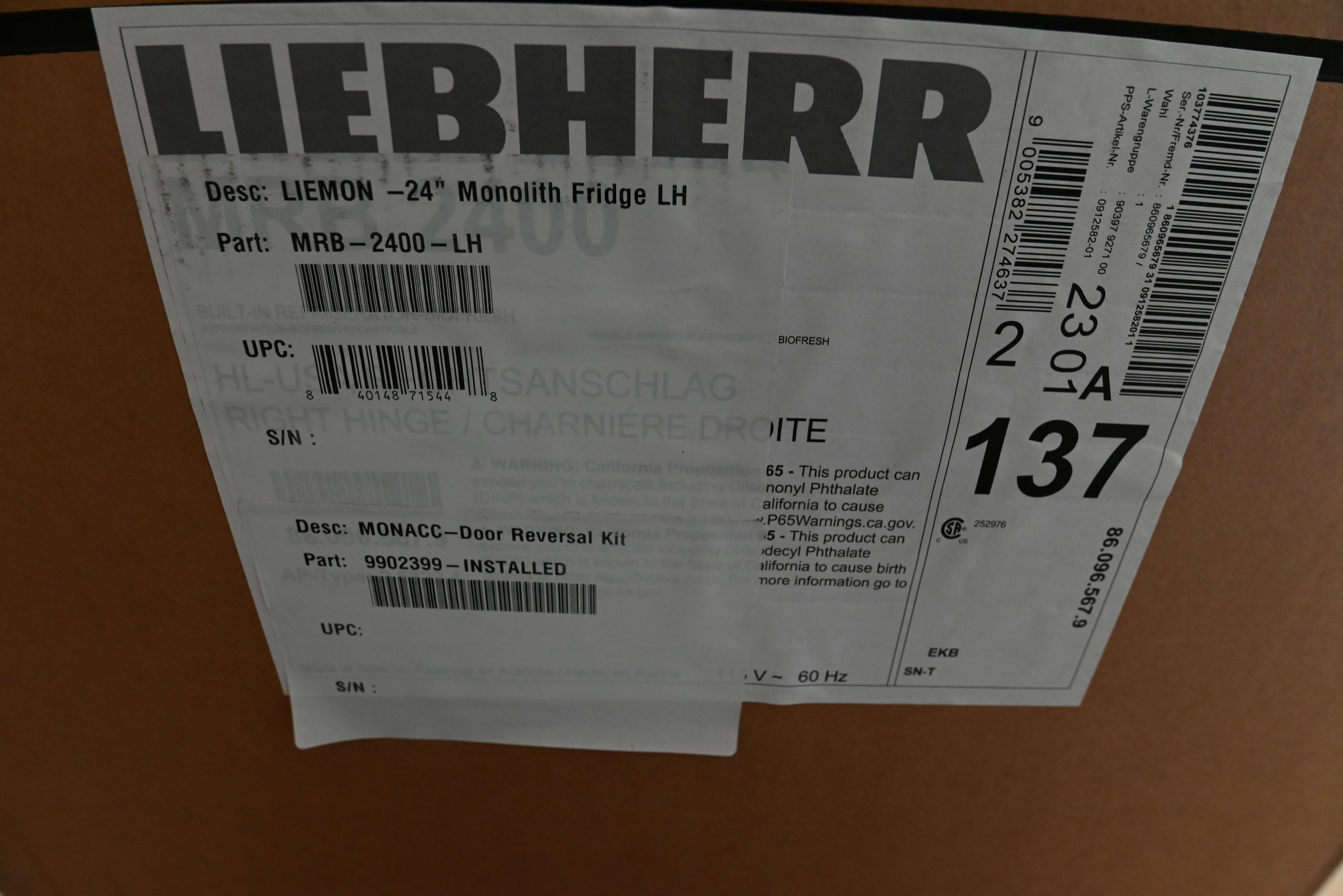 Liebherr MRB2400 24" Panel Ready Smart Built-In All Refrigerator Column