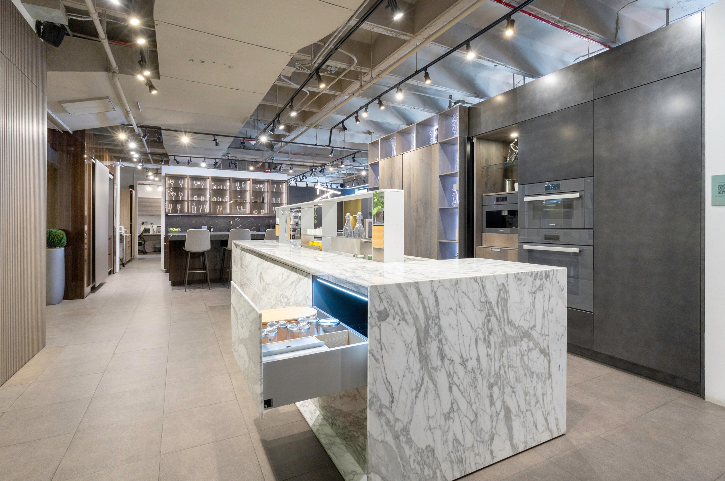 eggersmann Chablis Vintage Oak & Steel Grey Modern Kitchen with Arabescato Waterfall Island and Miele Appliance Suite