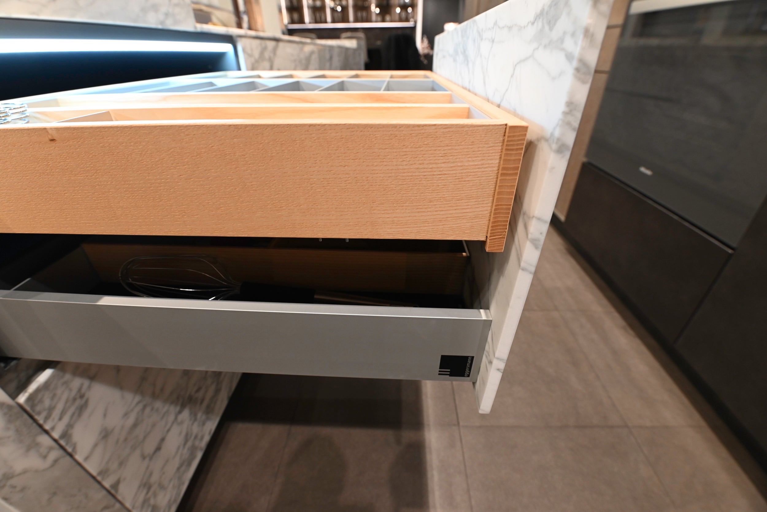 eggersmann Chablis Vintage Oak & Steel Grey Modern Kitchen with Arabescato Waterfall Island and Miele Appliance Suite