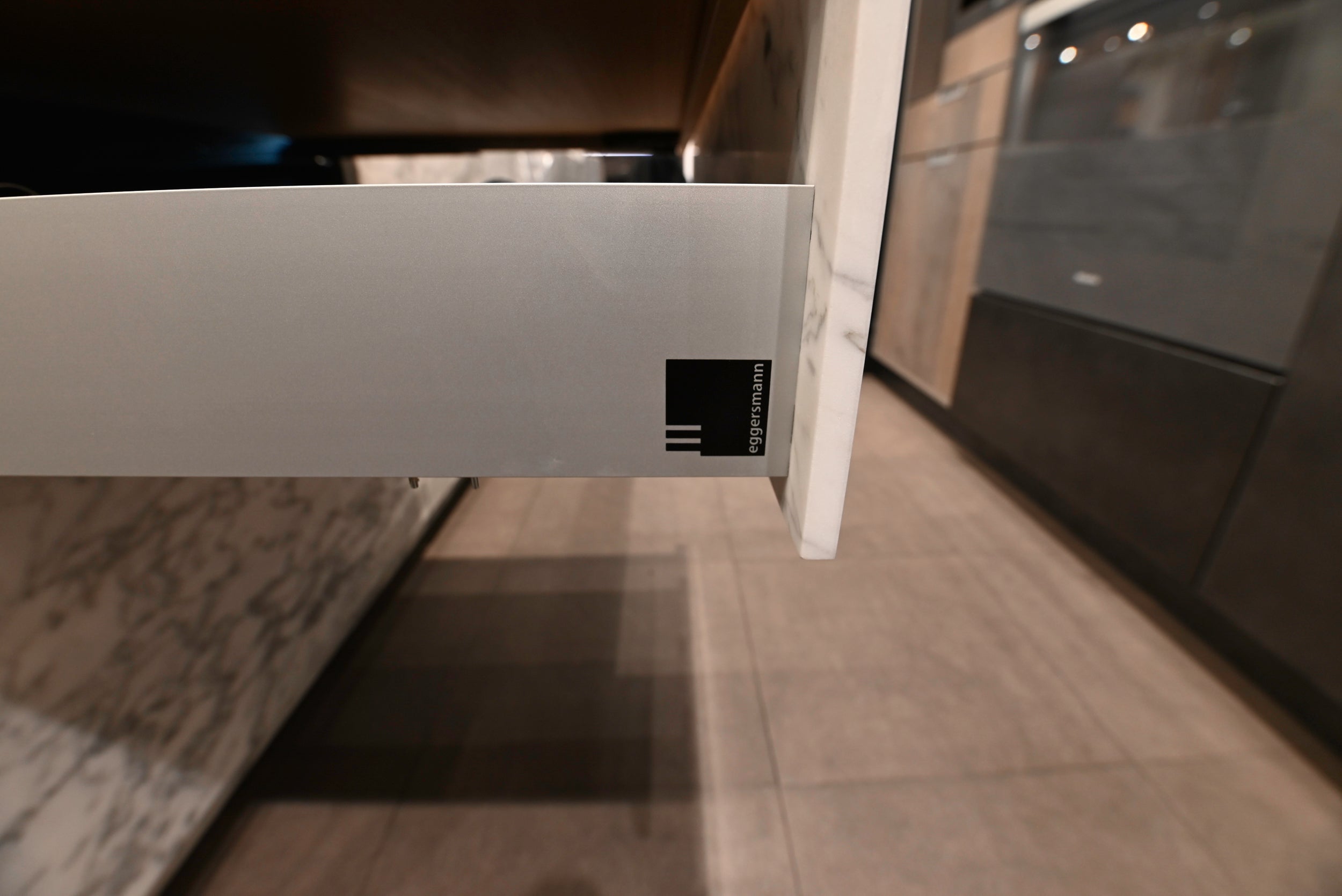 eggersmann Chablis Vintage Oak & Steel Grey Modern Kitchen with Arabescato Waterfall Island and Miele Appliance Suite