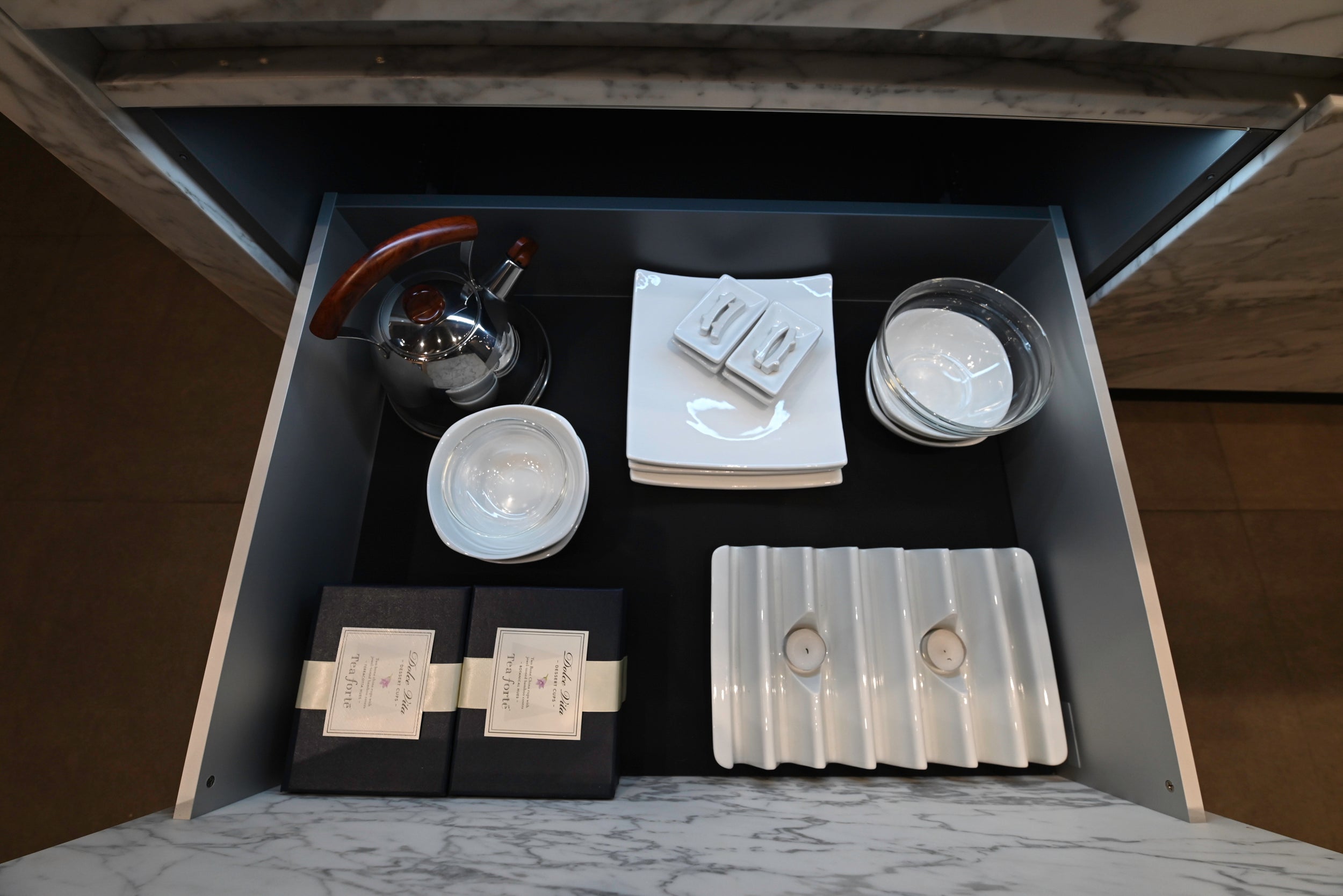 eggersmann Chablis Vintage Oak & Steel Grey Modern Kitchen with Arabescato Waterfall Island and Miele Appliance Suite