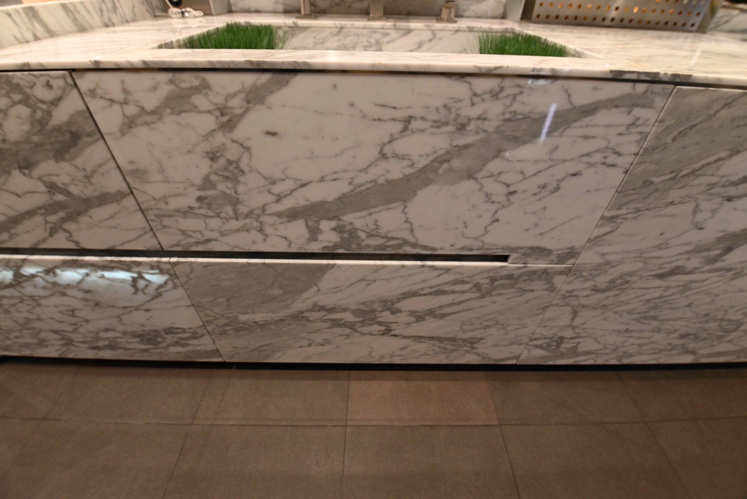 eggersmann Chablis Vintage Oak & Steel Grey Modern Kitchen with Arabescato Waterfall Island and Miele Appliance Suite